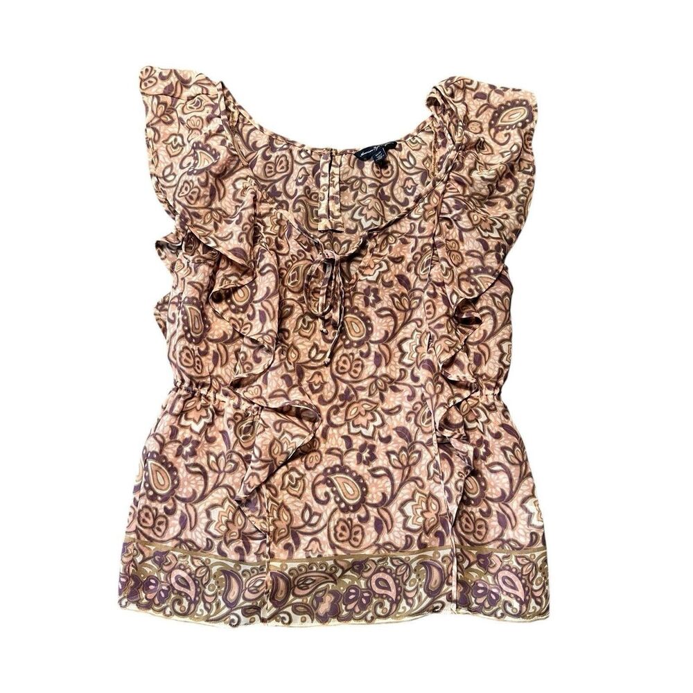 American Eagle Women’s XS Ruffle Sleeveless Blouse Pink Paisley Sheer Polyester